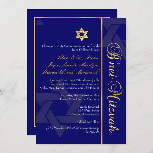 PixDezines B'Nei Mitzvah, Gold+DIY Blue Einladung (Vorne/Hinten)