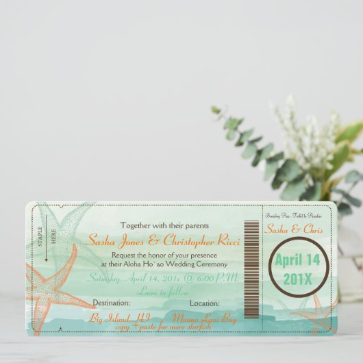 PixDezines Boarding Pass+Beach Hochzeit Einladunge Einladung (Stehend Vorderseite)