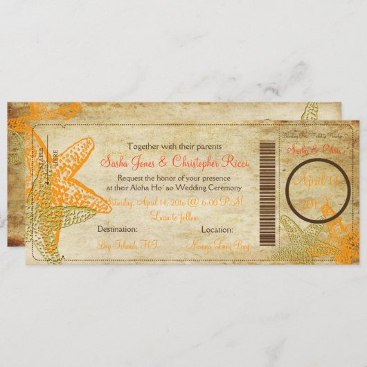 PixDezines Boarding Pass+Beach+Orange Starfish Einladung (Vorne/Hinten)