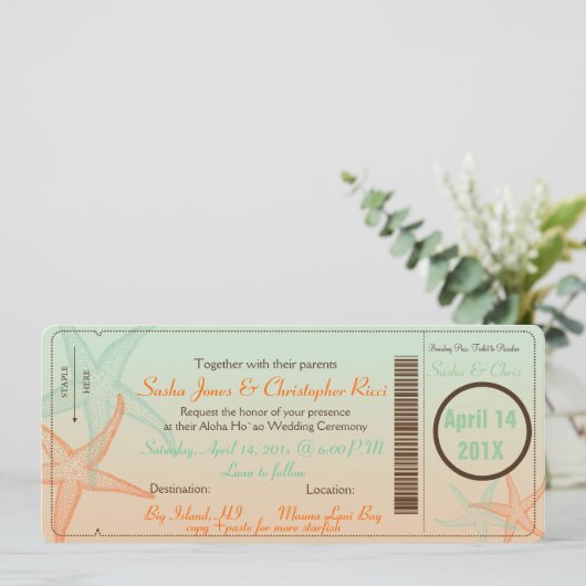 PixDezines Boarding Pass+Starfish Einladung (Stehend Vorderseite)