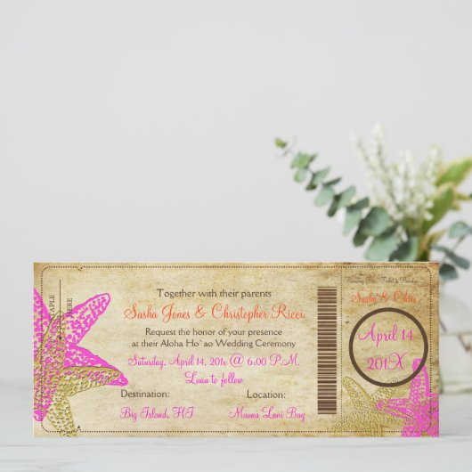PixDezines Boarding Pass+Strand+Rosa Starfish Einladung (Stehend Vorderseite)