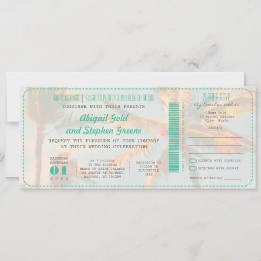 PixDezines Boarding Pass+Vintage Hochzeit am Stran Einladung (Vorderseite)