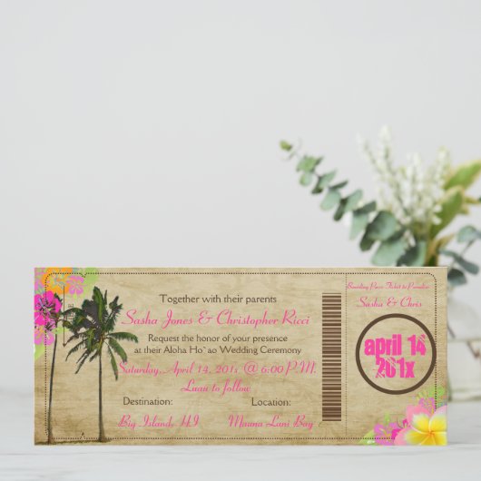 PixDezines Boarding Pass/Vintagen Zwillingspalmen Einladung (Stehend Vorderseite)