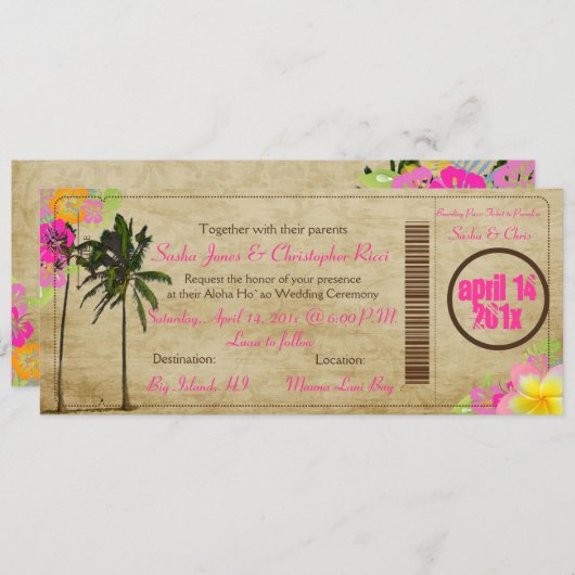 PixDezines Boarding Pass/Vintagen Zwillingspalmen Einladung (Vorne/Hinten)