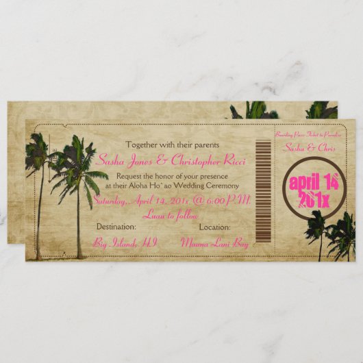 PixDezines Boarding Pass/Vintagen Zwillingspalmen Einladung (Vorne/Hinten)