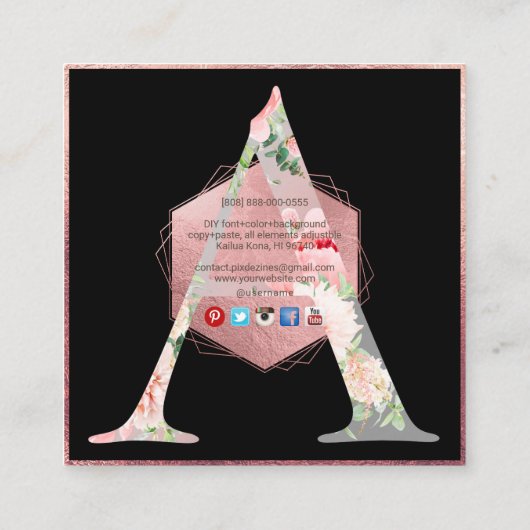PixDezines BOTANISCHES MONOGRAMM/IMITATE ROSE GOLD Quadratische Visitenkarte (Rückseite)