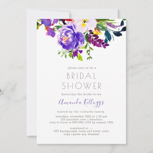 PixDezines Brautparty Floral Wasserfarbe, Lila Einladung (Vorderseite)