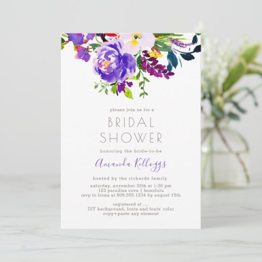 PixDezines Brautparty Floral Wasserfarbe, Lila Einladung (Stehend Vorderseite)