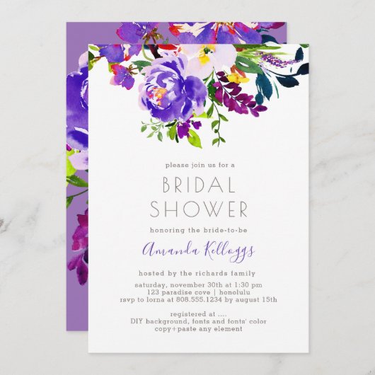 PixDezines Brautparty Floral Wasserfarbe, Lila Einladung (Vorne/Hinten)