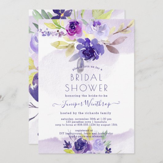 PixDezines Brautparty Wasserfarben-violette Peonie Einladung (Vorne/Hinten)