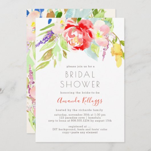 PixDezines Brautparty Wasserfarbene Frühlingsflora Einladung (Vorne/Hinten)