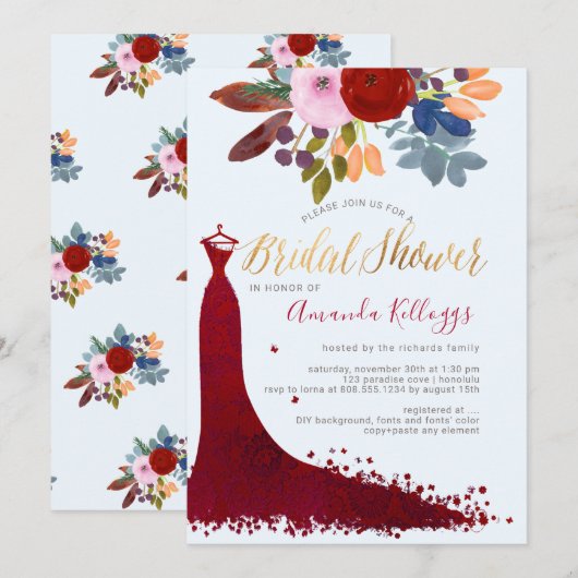 PixDezines Bridal Shower Watercolor Red+Blue Einladung (Vorne/Hinten)