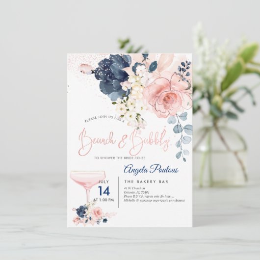 PixDezines Brunch Bubbly Navy Blush H2 Blume Einladung (Stehend Vorderseite)
