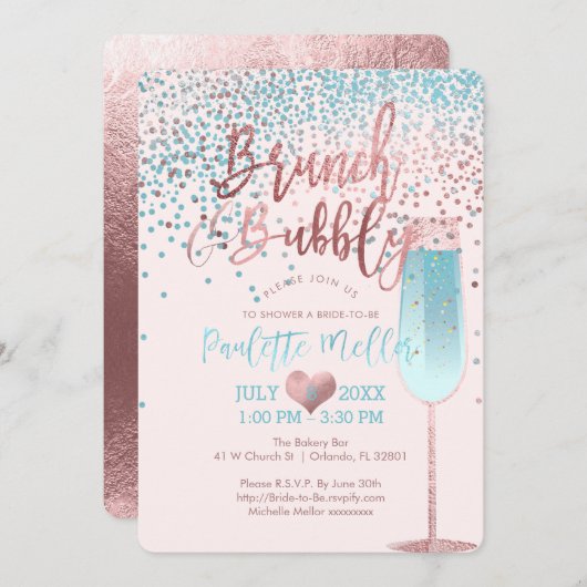 PixDezines Brunch N Bubbly/Rose Gold/Blue Confetti Einladung (Vorne/Hinten)