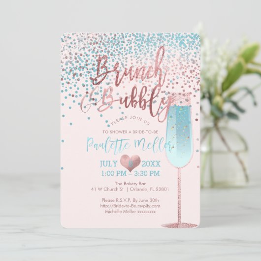 PixDezines Brunch N Bubbly/Rose Gold/Blue Confetti Einladung (Stehend Vorderseite)