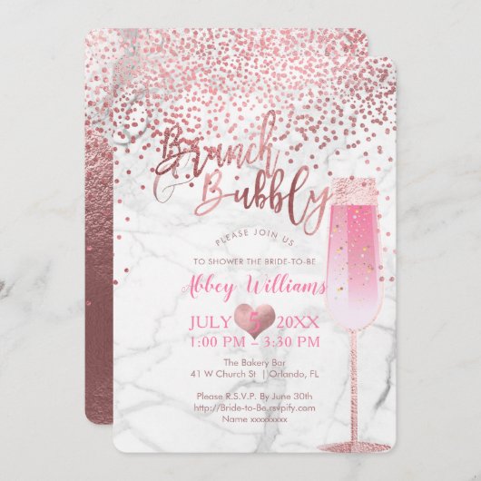PixDezines Brunch N Bubbly/Rose Gold/Confetti Einladung (Vorne/Hinten)