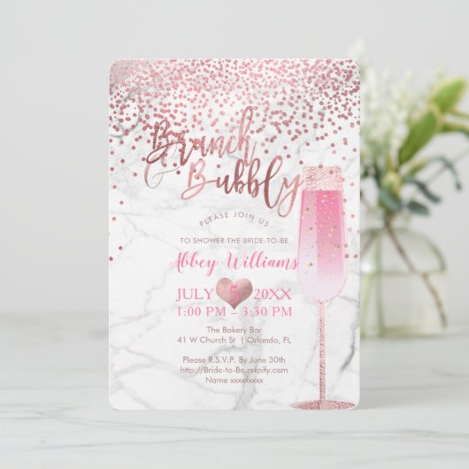 PixDezines Brunch N Bubbly/Rose Gold/Confetti Einladung (Stehend Vorderseite)