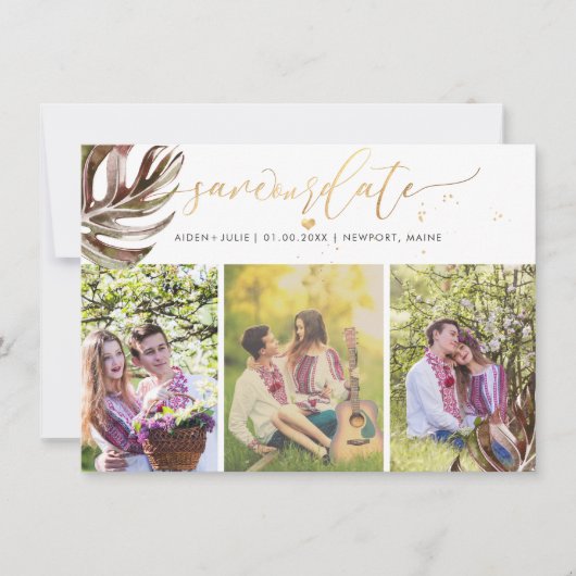 PixDezines Burgundy Monstera Imitate Gold Save The Date (Vorderseite)