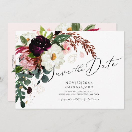 PixDezines Burgundy Rustic Bloom, Save the Date Einladung (Vorne/Hinten)