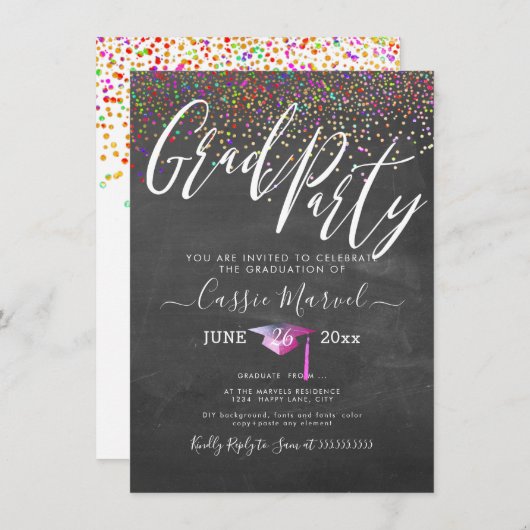 PixDezines Chalkboard Confetti Grad Party Einladung (Vorne/Hinten)