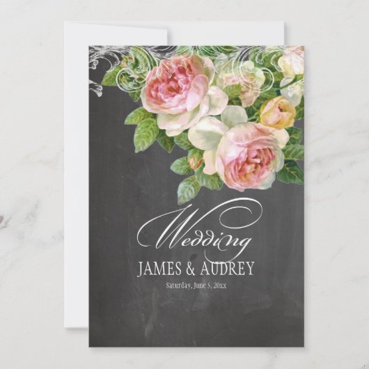 PixDezines chalkboard/Rokoko/Vintag rosa Rosen Einladung (Vorderseite)