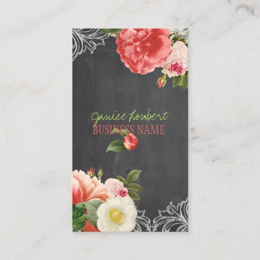 PixDezines Chalkboard+Vintage Peonies Visitenkarte (Vorderseite)