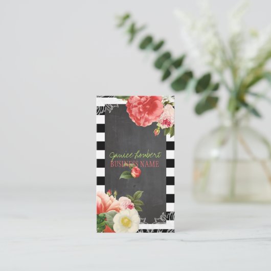 PixDezines Chalkboard+Vintage Peonies Visitenkarte (Stehend Vorderseite)
