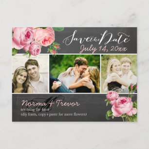 PixDezines chalkboard+Vintage Rose Save the Date Ankündigungspostkarte