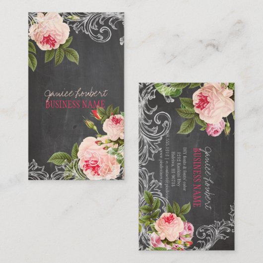 PixDezines Chalkboard + Vintage Rose Visitenkarte (Vorne/Hinten)