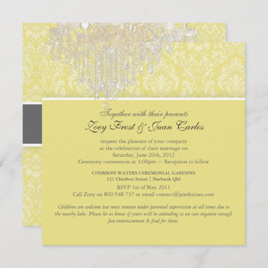 PixDezines Chandelier/Moiré Damask/Graufarbenlemon Einladung (Vorne/Hinten)