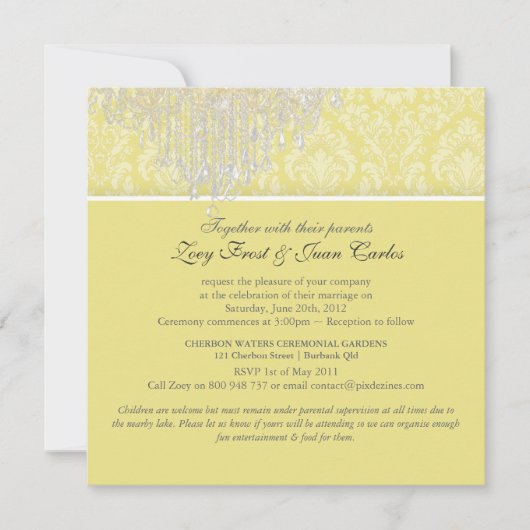 PixDezines Chandelier/Moiré Damask/Graufarbenlemon Einladung (Vorderseite)