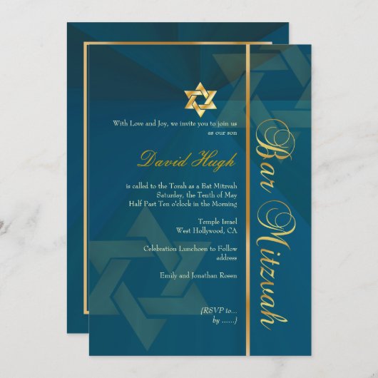 PixDezines CLASSIC BAR MITZVAH/AQUAMARINER BLAU+GO Einladung (Vorne/Hinten)