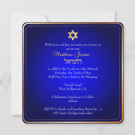 PixDezines Classic Bar Mitzvah/Königsblau Einladung (Rückseite)