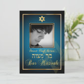 PixDezines Classy Foto Bar Mitzvah/aquamarin blau Einladung (Stehend Vorderseite)
