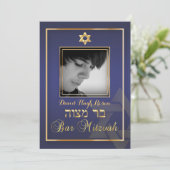 PixDezines Classy Foto Bar Mitzvah/blau Einladung (Stehend Vorderseite)