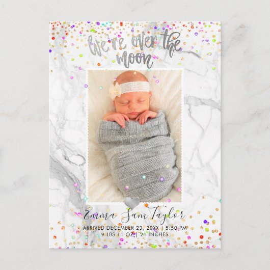 PixDezines Confetti Geburt/Über dem Mond Ankündigungspostkarte (Vorderseite)
