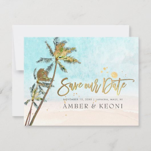 PixDezines Crystal Blue Beach Shoreline Palms Save The Date (Vorderseite)