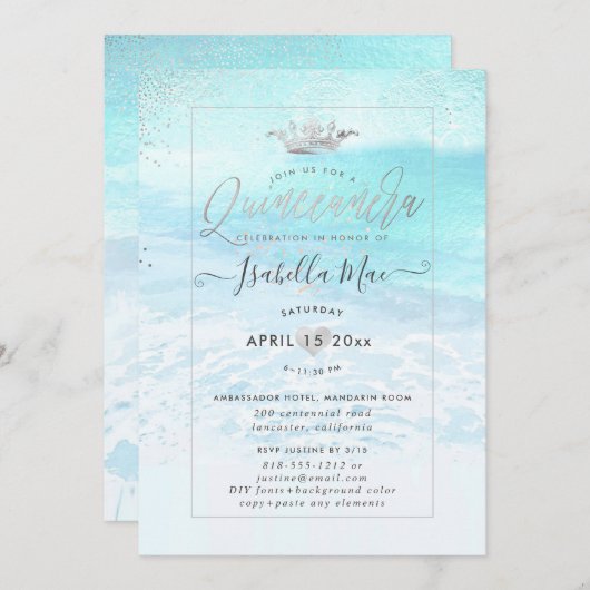 PixDezines Crystal Blue BeachShoreline Quinceanera Einladung (Vorne/Hinten)