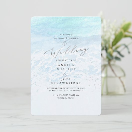 PixDezines Crystal Blue Shoreline, Beach Wedding Einladung (Stehend Vorderseite)