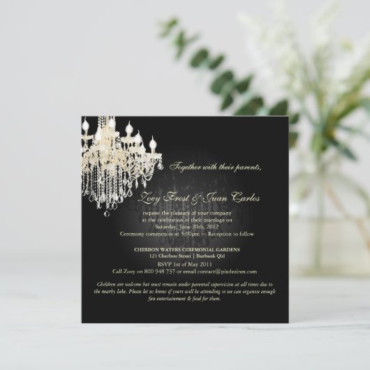 PixDezines Crystal Chandelier + Damask/schwarz+wei Einladung (Stehend Vorderseite)