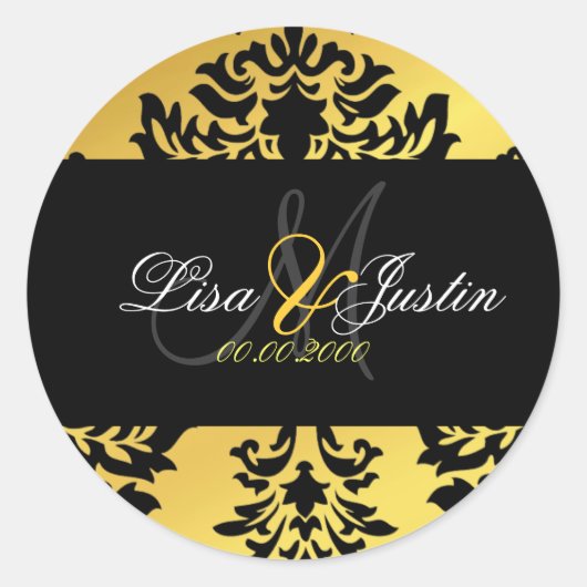 PixDezines Damask Monogramm Hochzeitsaufkleber Runder Aufkleber (Vorderseite)