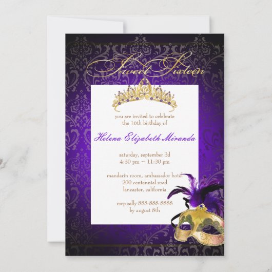 PixDezines DAMASK SWEET 16 MASQUERADE/DIY LILA Einladung (Rückseite)