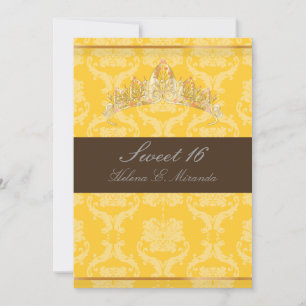 PixDezines Damask Sweet 16/ tiara/gelb+Schokolade Einladung