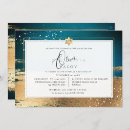 PixDezines DARK AQUAMARIN GOLD BRUSHSTROKE Mitzvah Einladung