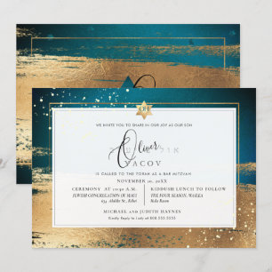 PixDezines DARK AQUAMARIN GOLD BRUSHSTROKE Mitzvah Einladung