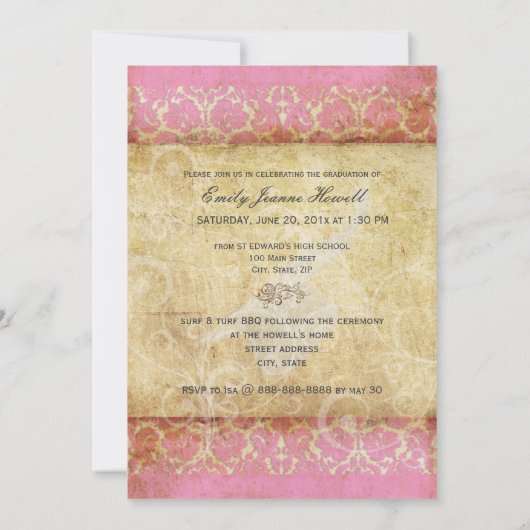 PixDezines Desiree Damask/Vintag+Pink Einladung (Rückseite)