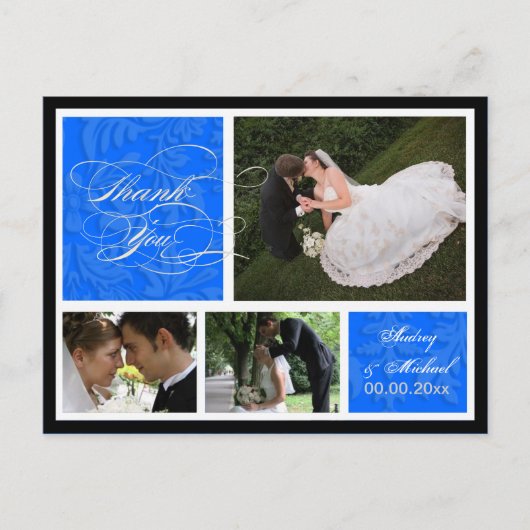 PixDezines DIY color/Damask Fotos Danke/blau Postkarte (Vorderseite)