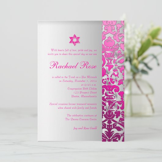 PixDezines DIY flora Damask/Mitzvah/pink/silber Einladung (Stehend Vorderseite)