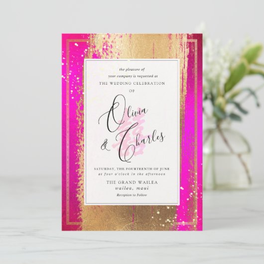 PixDezines Doppeltes Glück, Imitat Gold Hot Pink Einladung (Stehend Vorderseite)