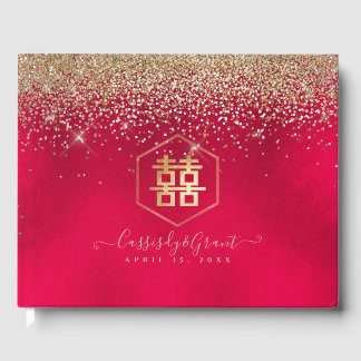 PixDezines Double Happiness Red Gold Glitzer Gästebuch